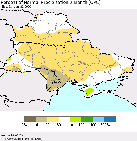 Ukraine, Moldova and Belarus Percent of Normal Precipitation 2-Month (CPC) Thematic Map For 11/21/2019 - 1/20/2020