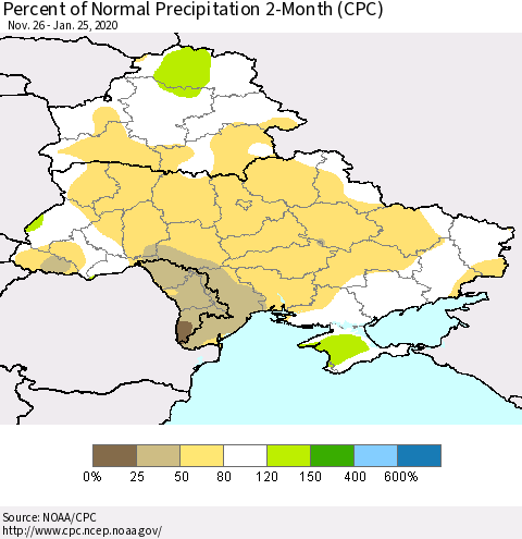 Ukraine, Moldova and Belarus Percent of Normal Precipitation 2-Month (CPC) Thematic Map For 11/26/2019 - 1/25/2020