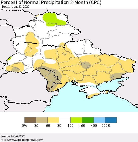 Ukraine, Moldova and Belarus Percent of Normal Precipitation 2-Month (CPC) Thematic Map For 12/1/2019 - 1/31/2020