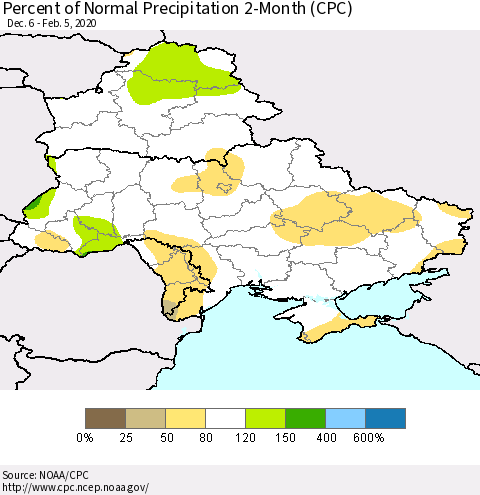 Ukraine, Moldova and Belarus Percent of Normal Precipitation 2-Month (CPC) Thematic Map For 12/6/2019 - 2/5/2020