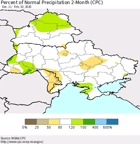 Ukraine, Moldova and Belarus Percent of Normal Precipitation 2-Month (CPC) Thematic Map For 12/11/2019 - 2/10/2020