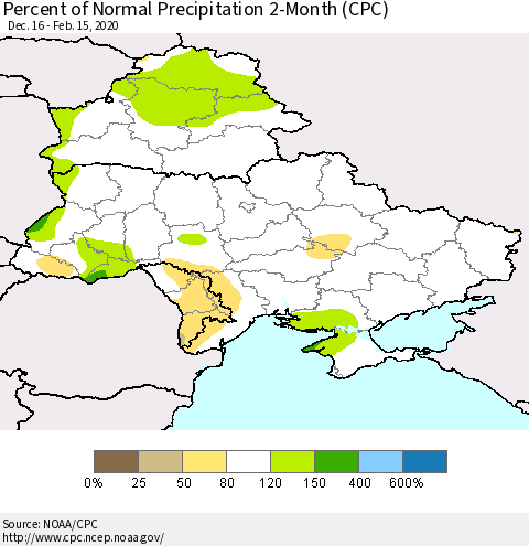 Ukraine, Moldova and Belarus Percent of Normal Precipitation 2-Month (CPC) Thematic Map For 12/16/2019 - 2/15/2020