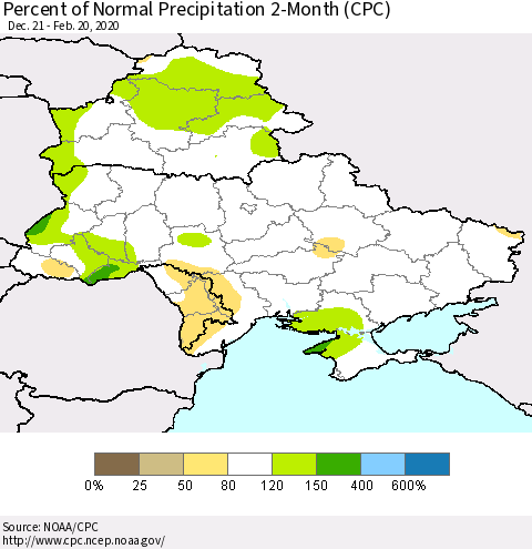 Ukraine, Moldova and Belarus Percent of Normal Precipitation 2-Month (CPC) Thematic Map For 12/21/2019 - 2/20/2020