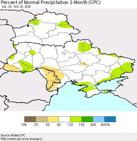Ukraine, Moldova and Belarus Percent of Normal Precipitation 2-Month (CPC) Thematic Map For 12/26/2019 - 2/25/2020