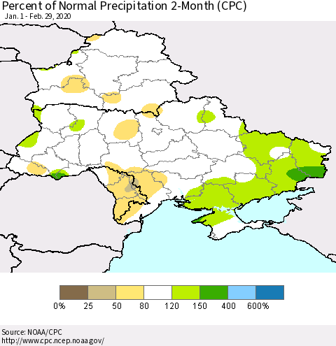 Ukraine, Moldova and Belarus Percent of Normal Precipitation 2-Month (CPC) Thematic Map For 1/1/2020 - 2/29/2020