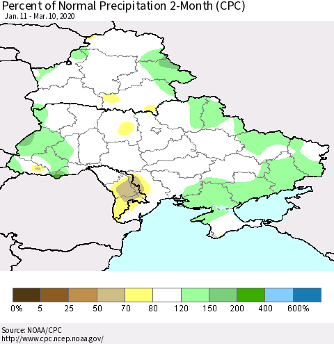 Ukraine, Moldova and Belarus Percent of Normal Precipitation 2-Month (CPC) Thematic Map For 1/11/2020 - 3/10/2020
