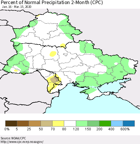Ukraine, Moldova and Belarus Percent of Normal Precipitation 2-Month (CPC) Thematic Map For 1/16/2020 - 3/15/2020