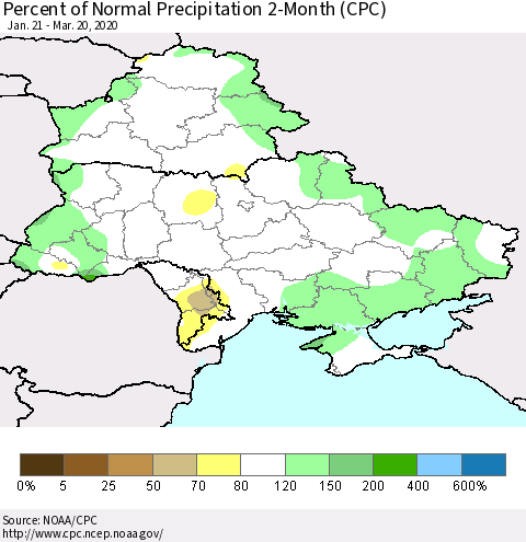 Ukraine, Moldova and Belarus Percent of Normal Precipitation 2-Month (CPC) Thematic Map For 1/21/2020 - 3/20/2020
