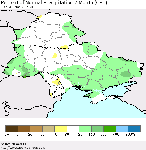 Ukraine, Moldova and Belarus Percent of Normal Precipitation 2-Month (CPC) Thematic Map For 1/26/2020 - 3/25/2020