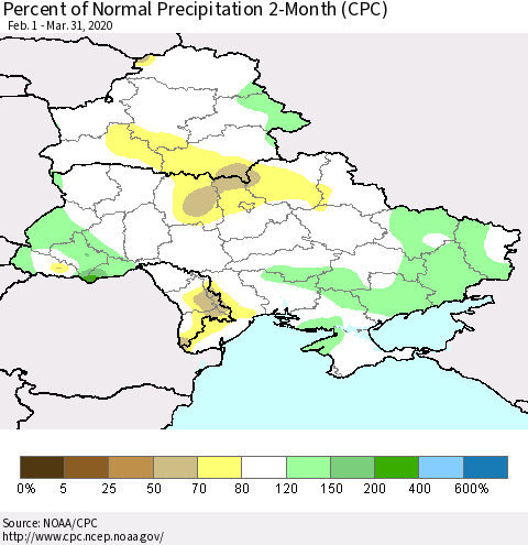 Ukraine, Moldova and Belarus Percent of Normal Precipitation 2-Month (CPC) Thematic Map For 2/1/2020 - 3/31/2020