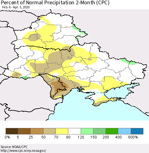 Ukraine, Moldova and Belarus Percent of Normal Precipitation 2-Month (CPC) Thematic Map For 2/6/2020 - 4/5/2020