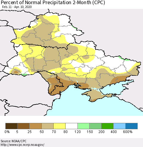 Ukraine, Moldova and Belarus Percent of Normal Precipitation 2-Month (CPC) Thematic Map For 2/11/2020 - 4/10/2020