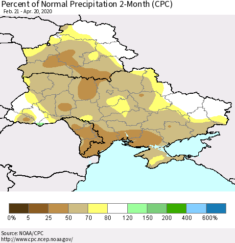 Ukraine, Moldova and Belarus Percent of Normal Precipitation 2-Month (CPC) Thematic Map For 2/21/2020 - 4/20/2020