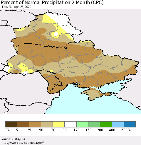 Ukraine, Moldova and Belarus Percent of Normal Precipitation 2-Month (CPC) Thematic Map For 2/26/2020 - 4/25/2020