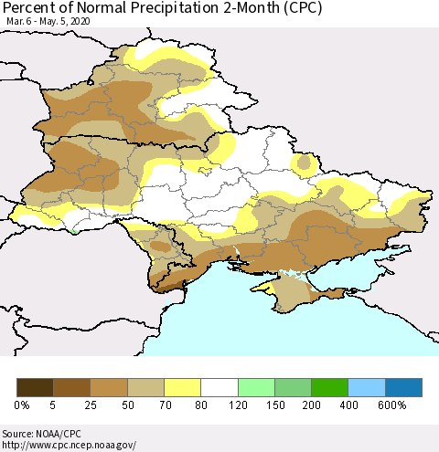 Ukraine, Moldova and Belarus Percent of Normal Precipitation 2-Month (CPC) Thematic Map For 3/6/2020 - 5/5/2020