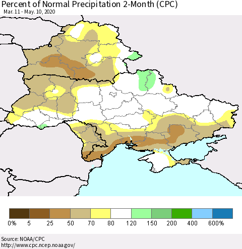 Ukraine, Moldova and Belarus Percent of Normal Precipitation 2-Month (CPC) Thematic Map For 3/11/2020 - 5/10/2020