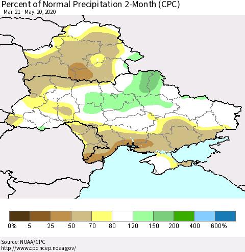 Ukraine, Moldova and Belarus Percent of Normal Precipitation 2-Month (CPC) Thematic Map For 3/21/2020 - 5/20/2020