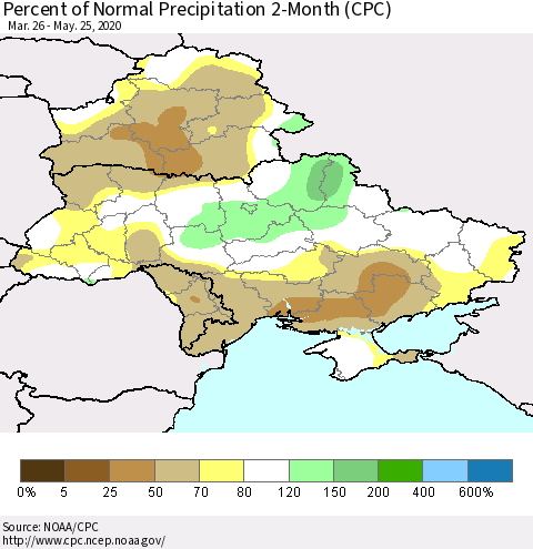 Ukraine, Moldova and Belarus Percent of Normal Precipitation 2-Month (CPC) Thematic Map For 3/26/2020 - 5/25/2020