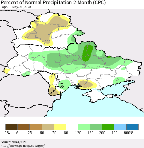 Ukraine, Moldova and Belarus Percent of Normal Precipitation 2-Month (CPC) Thematic Map For 4/1/2020 - 5/31/2020