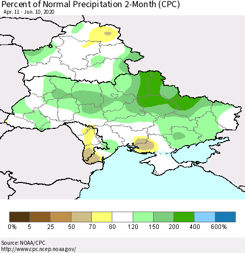 Ukraine, Moldova and Belarus Percent of Normal Precipitation 2-Month (CPC) Thematic Map For 4/11/2020 - 6/10/2020