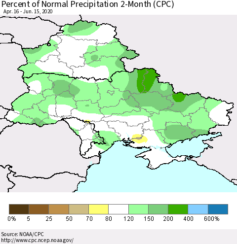 Ukraine, Moldova and Belarus Percent of Normal Precipitation 2-Month (CPC) Thematic Map For 4/16/2020 - 6/15/2020