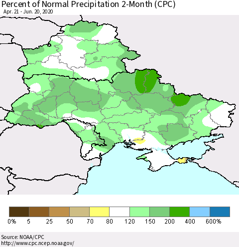 Ukraine, Moldova and Belarus Percent of Normal Precipitation 2-Month (CPC) Thematic Map For 4/21/2020 - 6/20/2020
