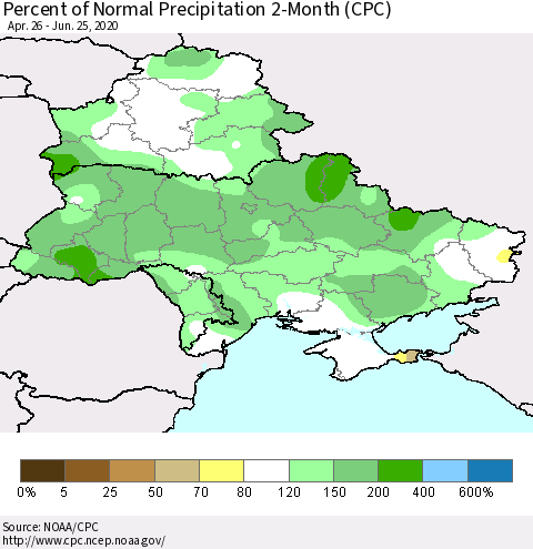 Ukraine, Moldova and Belarus Percent of Normal Precipitation 2-Month (CPC) Thematic Map For 4/26/2020 - 6/25/2020