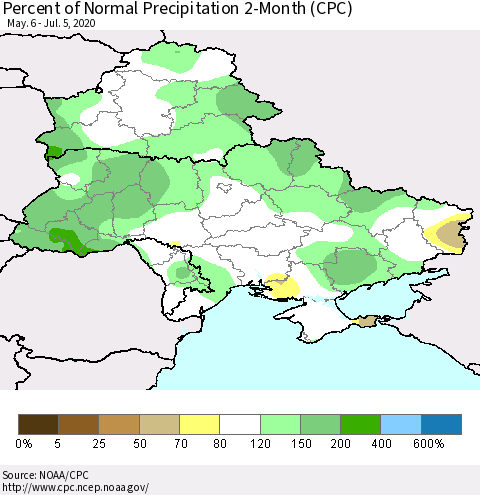 Ukraine, Moldova and Belarus Percent of Normal Precipitation 2-Month (CPC) Thematic Map For 5/6/2020 - 7/5/2020