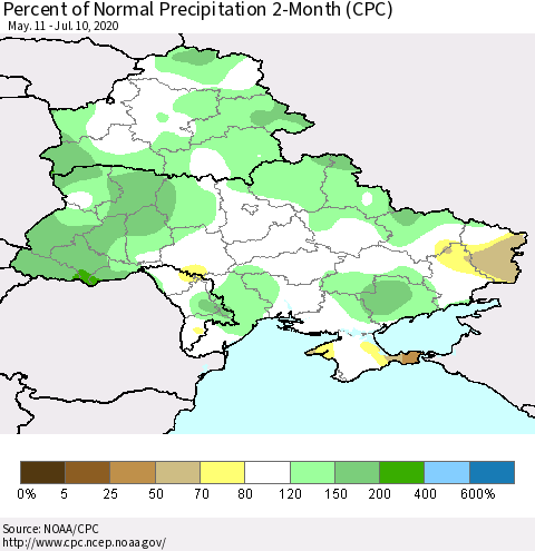 Ukraine, Moldova and Belarus Percent of Normal Precipitation 2-Month (CPC) Thematic Map For 5/11/2020 - 7/10/2020