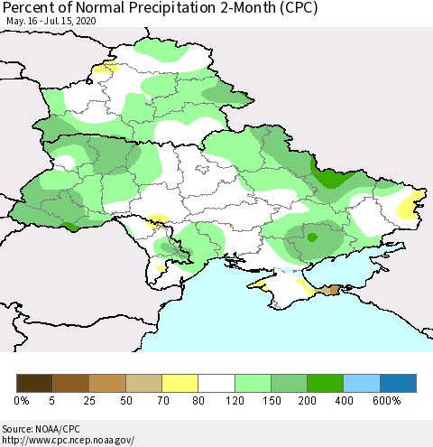 Ukraine, Moldova and Belarus Percent of Normal Precipitation 2-Month (CPC) Thematic Map For 5/16/2020 - 7/15/2020