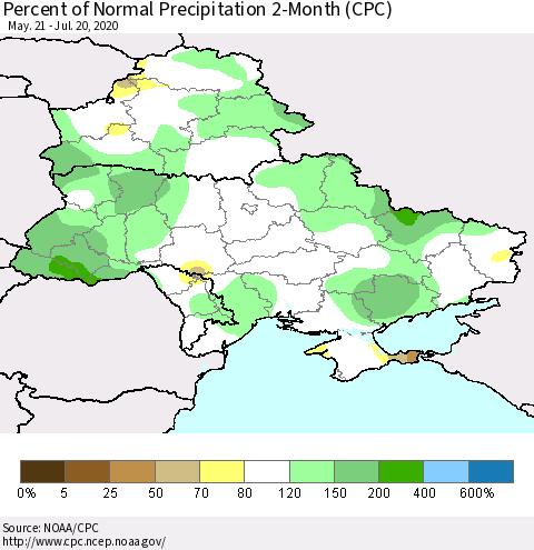 Ukraine, Moldova and Belarus Percent of Normal Precipitation 2-Month (CPC) Thematic Map For 5/21/2020 - 7/20/2020
