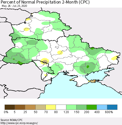 Ukraine, Moldova and Belarus Percent of Normal Precipitation 2-Month (CPC) Thematic Map For 5/26/2020 - 7/25/2020