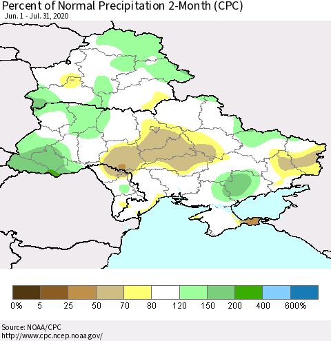 Ukraine, Moldova and Belarus Percent of Normal Precipitation 2-Month (CPC) Thematic Map For 6/1/2020 - 7/31/2020