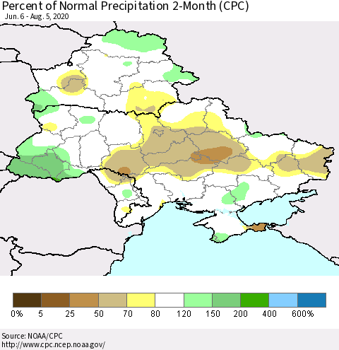 Ukraine, Moldova and Belarus Percent of Normal Precipitation 2-Month (CPC) Thematic Map For 6/6/2020 - 8/5/2020