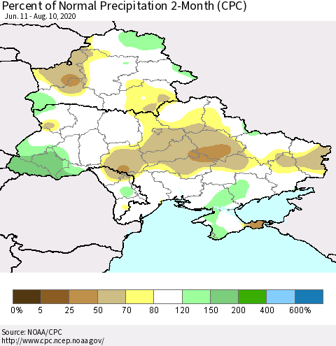 Ukraine, Moldova and Belarus Percent of Normal Precipitation 2-Month (CPC) Thematic Map For 6/11/2020 - 8/10/2020