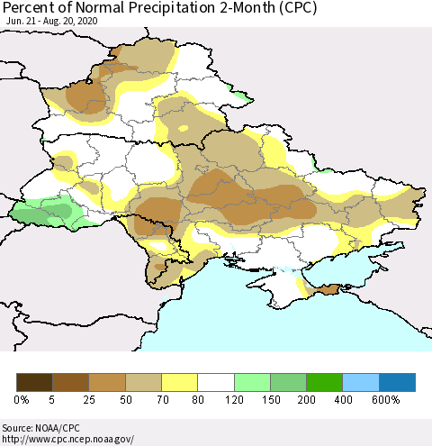Ukraine, Moldova and Belarus Percent of Normal Precipitation 2-Month (CPC) Thematic Map For 6/21/2020 - 8/20/2020