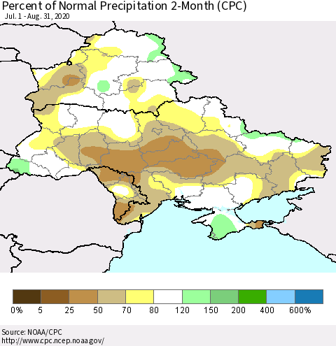 Ukraine, Moldova and Belarus Percent of Normal Precipitation 2-Month (CPC) Thematic Map For 7/1/2020 - 8/31/2020