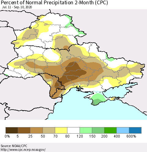 Ukraine, Moldova and Belarus Percent of Normal Precipitation 2-Month (CPC) Thematic Map For 7/11/2020 - 9/10/2020