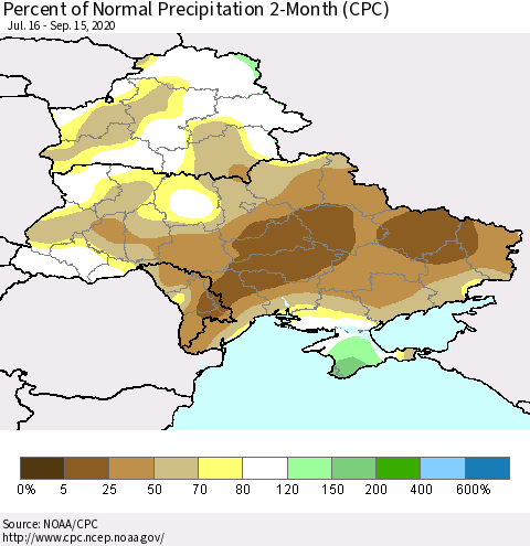 Ukraine, Moldova and Belarus Percent of Normal Precipitation 2-Month (CPC) Thematic Map For 7/16/2020 - 9/15/2020