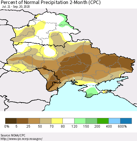 Ukraine, Moldova and Belarus Percent of Normal Precipitation 2-Month (CPC) Thematic Map For 7/21/2020 - 9/20/2020