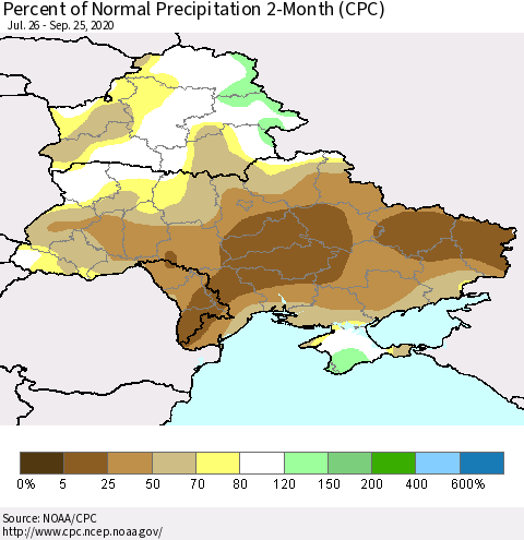 Ukraine, Moldova and Belarus Percent of Normal Precipitation 2-Month (CPC) Thematic Map For 7/26/2020 - 9/25/2020