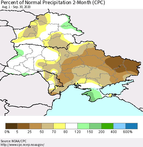 Ukraine, Moldova and Belarus Percent of Normal Precipitation 2-Month (CPC) Thematic Map For 8/1/2020 - 9/30/2020