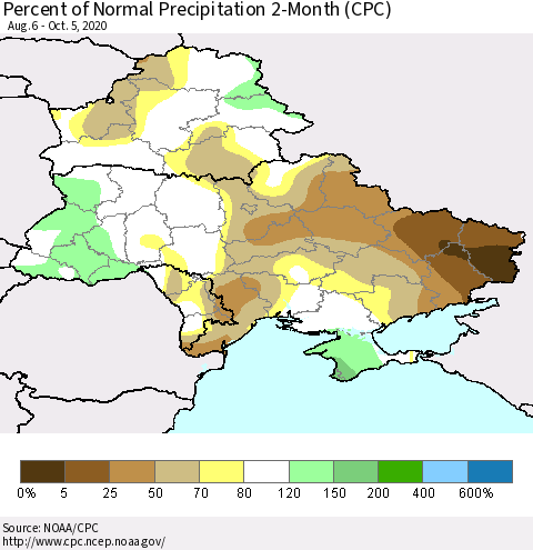 Ukraine, Moldova and Belarus Percent of Normal Precipitation 2-Month (CPC) Thematic Map For 8/6/2020 - 10/5/2020