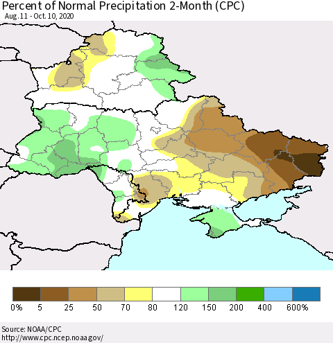 Ukraine, Moldova and Belarus Percent of Normal Precipitation 2-Month (CPC) Thematic Map For 8/11/2020 - 10/10/2020