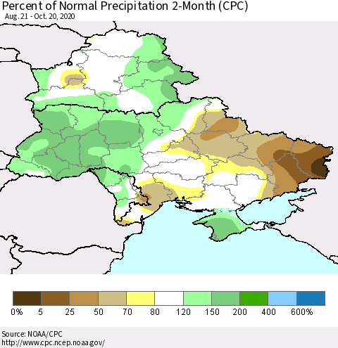 Ukraine, Moldova and Belarus Percent of Normal Precipitation 2-Month (CPC) Thematic Map For 8/21/2020 - 10/20/2020