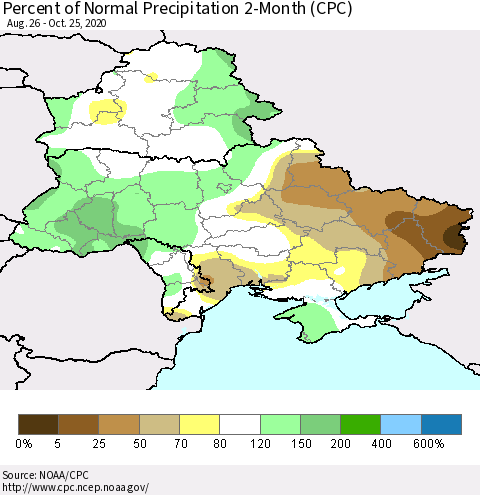 Ukraine, Moldova and Belarus Percent of Normal Precipitation 2-Month (CPC) Thematic Map For 8/26/2020 - 10/25/2020