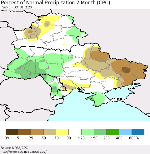 Ukraine, Moldova and Belarus Percent of Normal Precipitation 2-Month (CPC) Thematic Map For 9/1/2020 - 10/31/2020