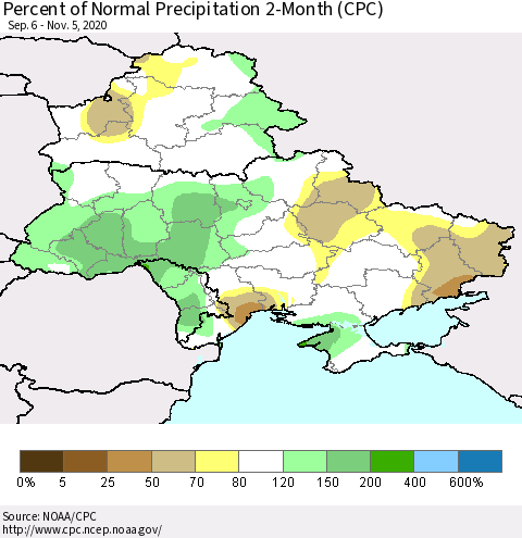 Ukraine, Moldova and Belarus Percent of Normal Precipitation 2-Month (CPC) Thematic Map For 9/6/2020 - 11/5/2020