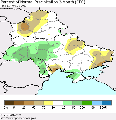 Ukraine, Moldova and Belarus Percent of Normal Precipitation 2-Month (CPC) Thematic Map For 9/11/2020 - 11/10/2020