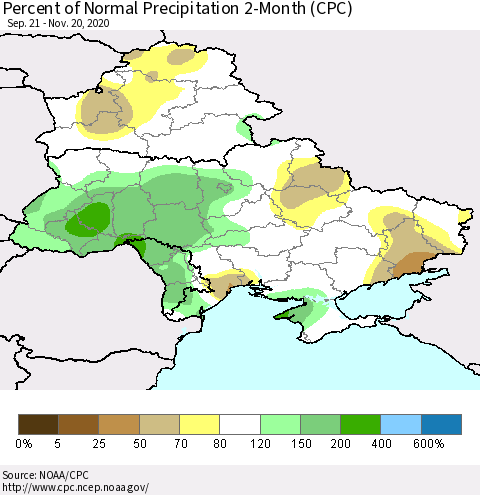 Ukraine, Moldova and Belarus Percent of Normal Precipitation 2-Month (CPC) Thematic Map For 9/21/2020 - 11/20/2020